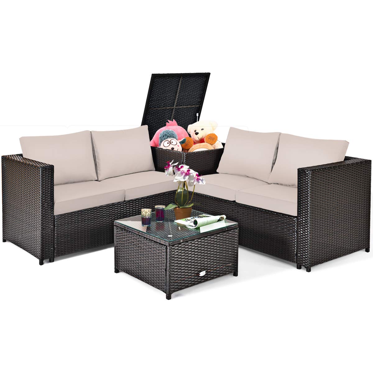 Ensemble de patio 4 pièces en osier avec rangement Tangkula